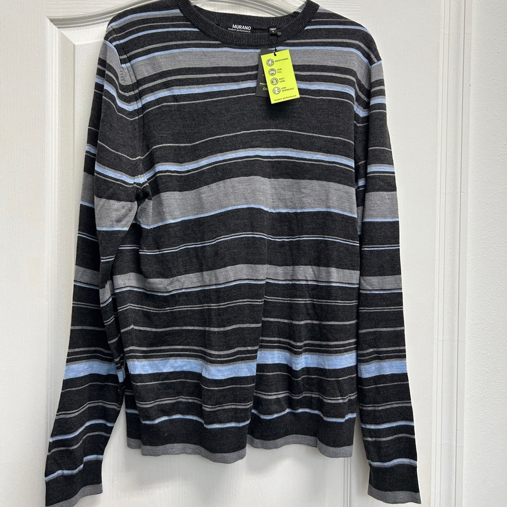 Murano Modern Performance Sweater Mens Large Gray Blue Striped Knit NWT